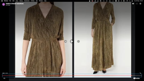 Front and back views of a woman wearing a brown textured wrap dress with three-quarter sleeves