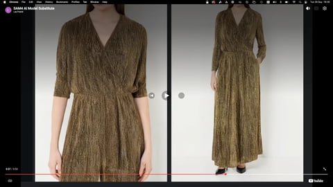 Two views of a vintage olive green wrap dress with three-quarter sleeves and gathered waist, shown on dress forms from front and side angles
