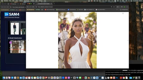 Woman in white halter dress standing outdoors with blurred green background
